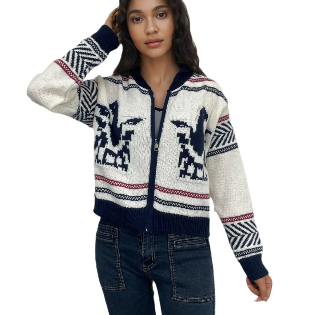 White women's zip-front cardigan with contrast striped jacquard pattern and lapel collar.
