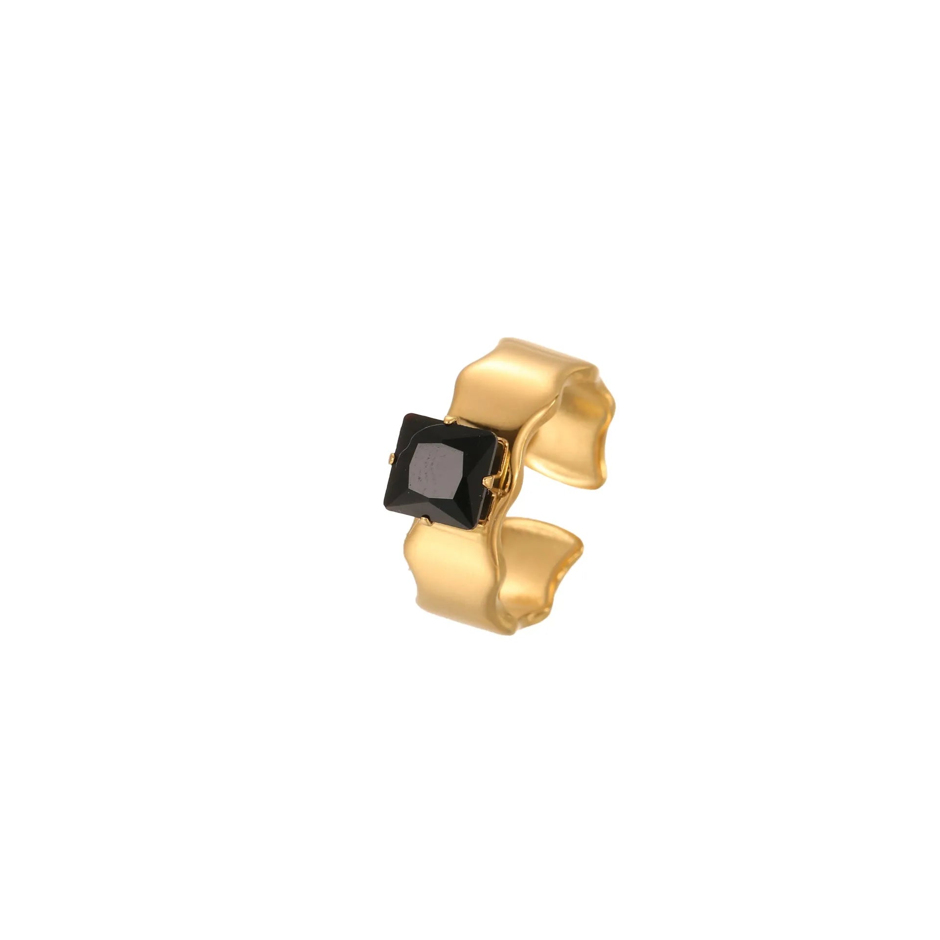 Geometric open-mouth stainless steel ring for women with inlaid zircon stones on a grey background.