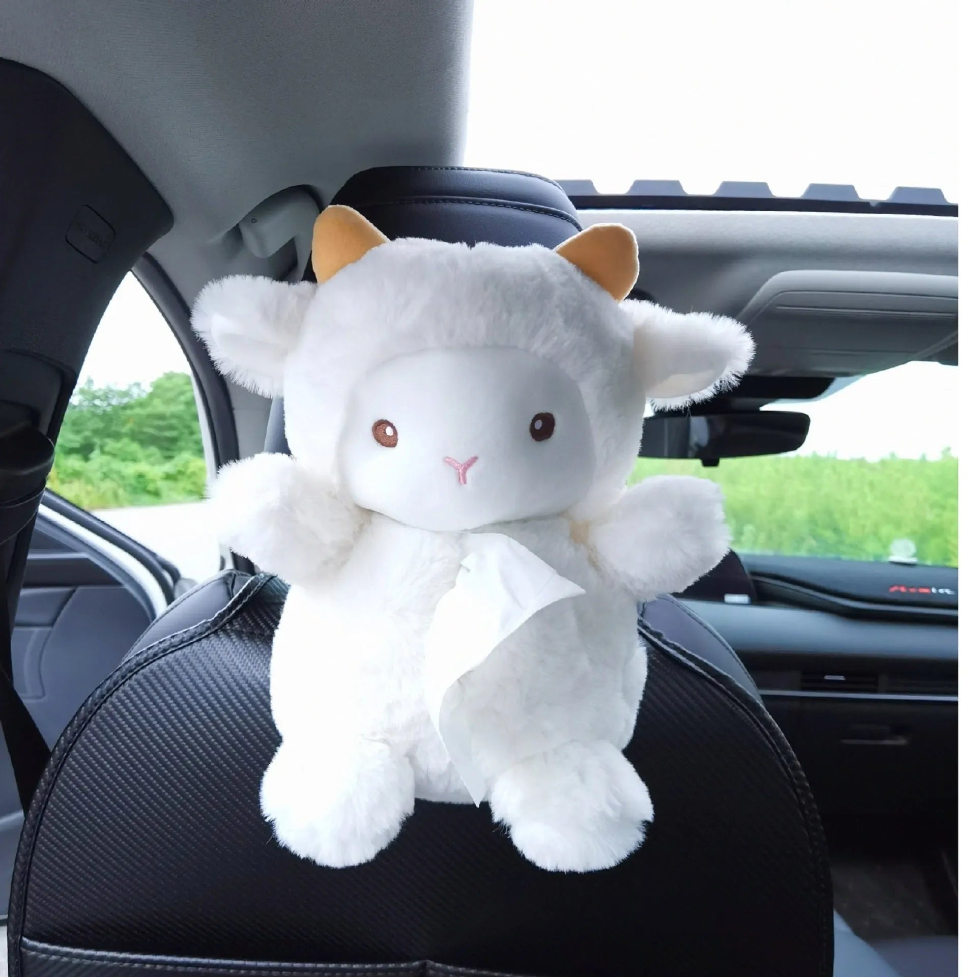 Soft plush cartoon lamb tissue box for car dashboard or home decor.