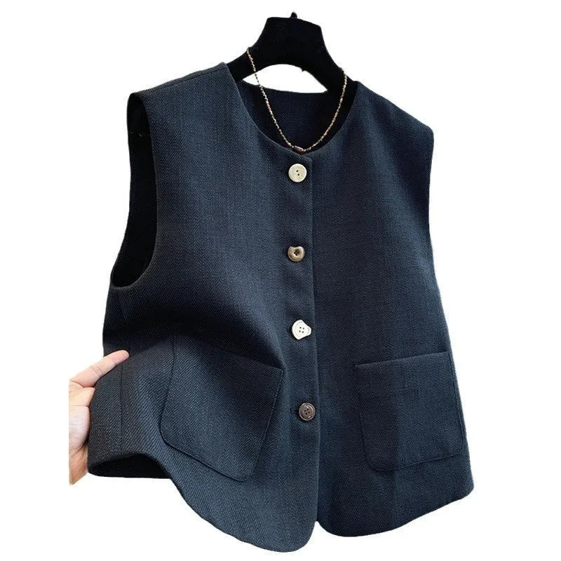 Women's round neck sleeveless bandage vest in polyester fabric for office wear