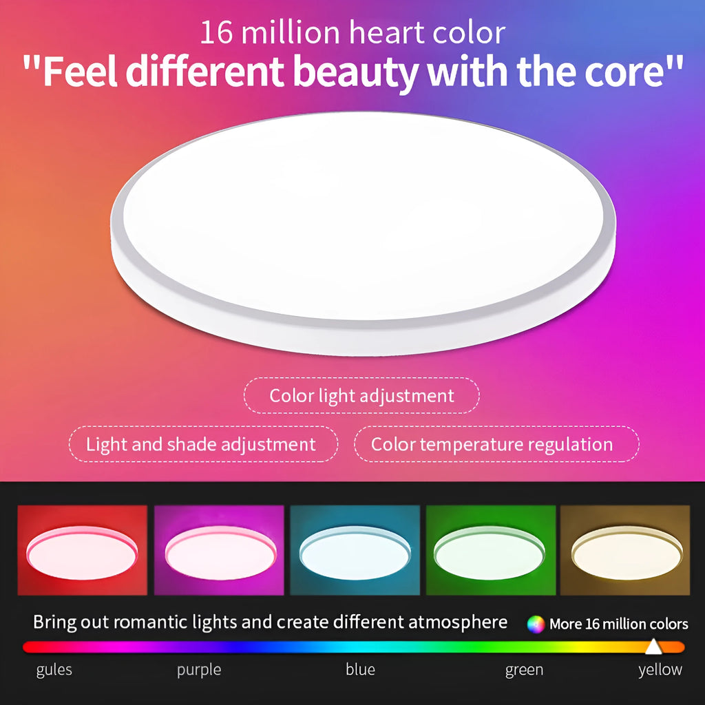Modern round Bluetooth RGBCW ceiling panel light with remote control, shown in a white finish on a ceiling.