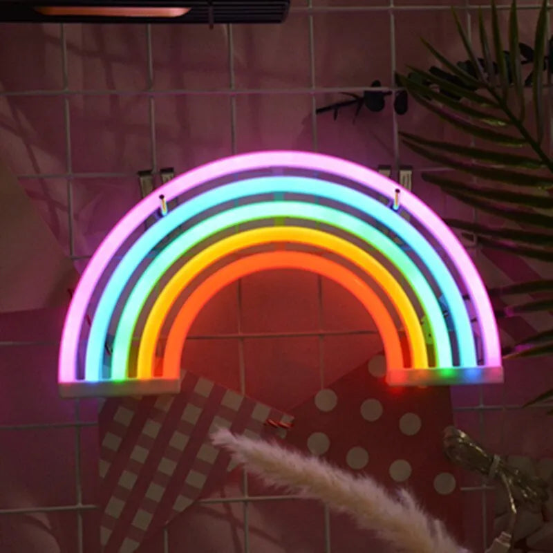 LED wall hanging rainbow neon light with compact 30x2x16cm housing on a wall