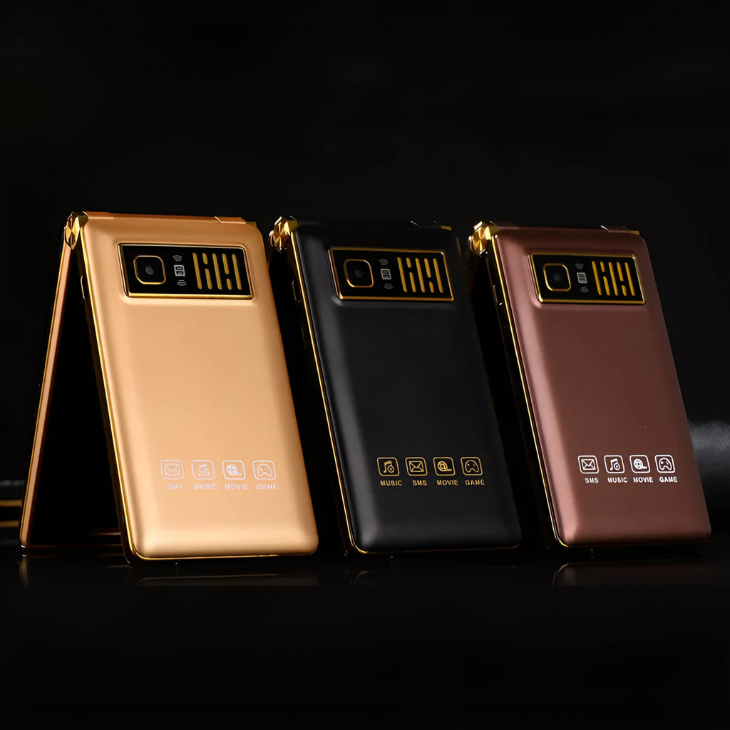 Dual Screen Flip A15 phone in black, gold, or coffee colour, showing internal and external screens.