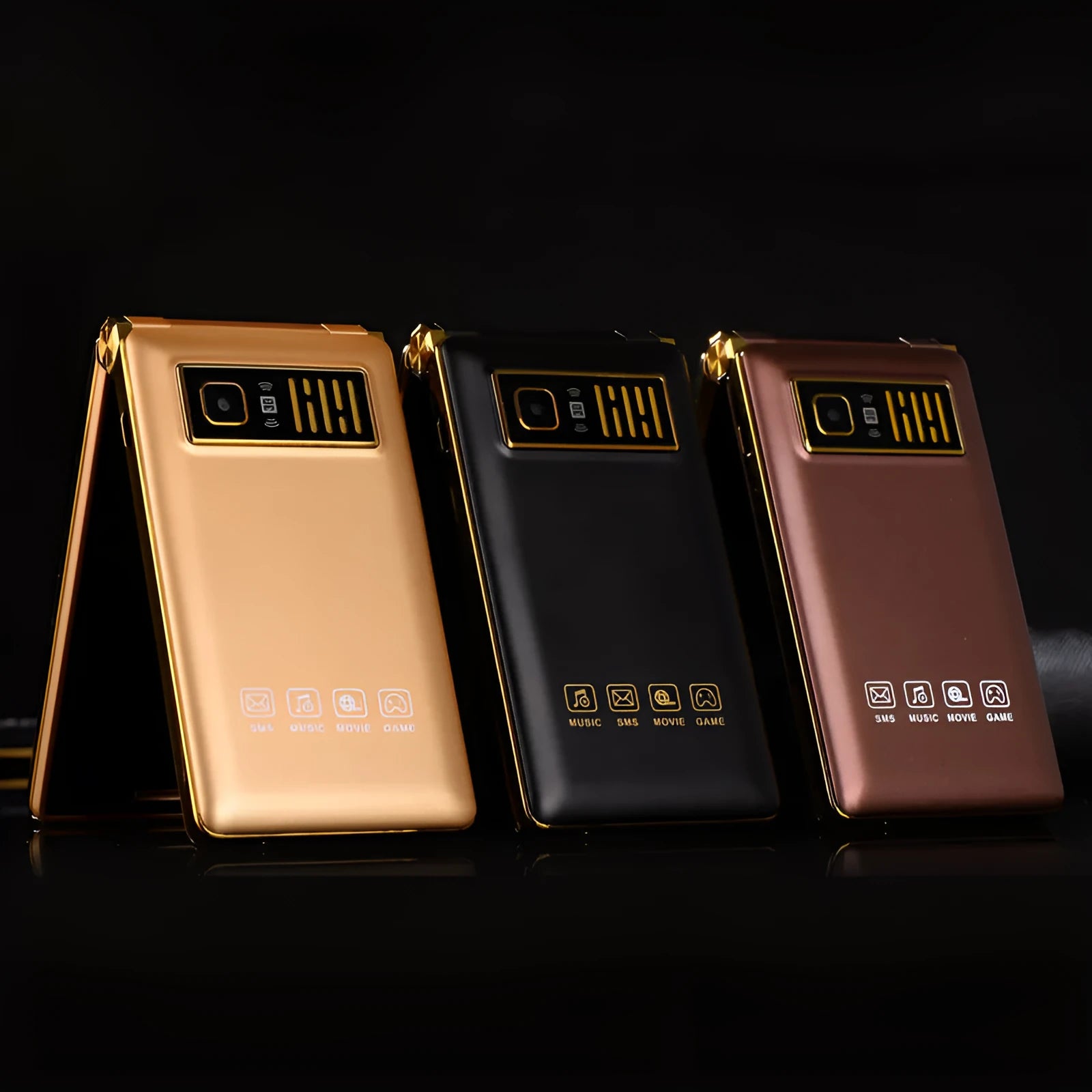 Dual Screen Flip A15 phone in black, gold, or coffee colour, showing internal and external screens.