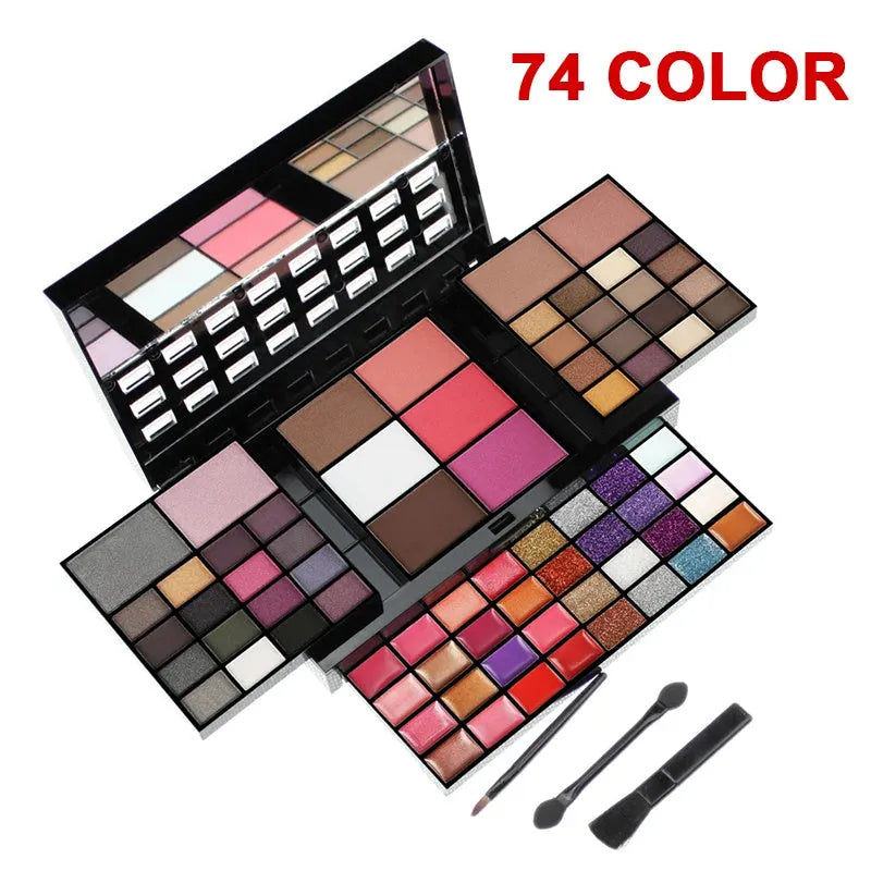 74 colour makeup palette open showing eyeshadow, lip gloss, blush and contour powders with brush and applicator