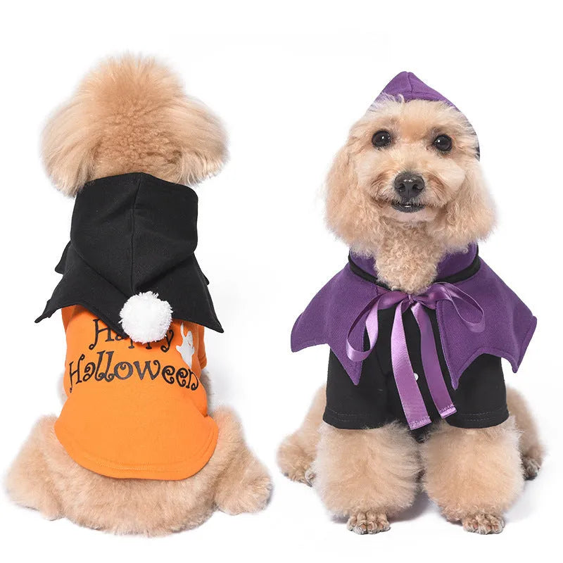 Black and orange Halloween pumpkin print two-piece dog sweater and shawl costume