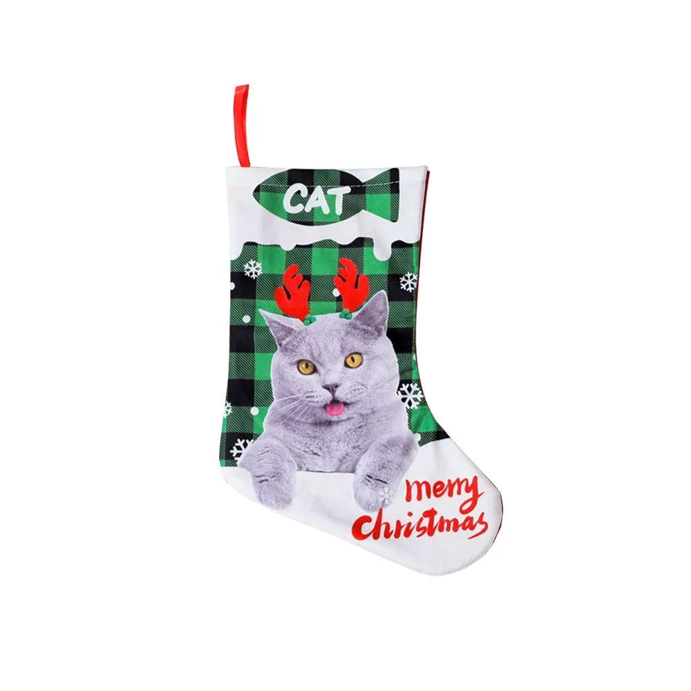 American style cloth Christmas decoration with plaid printed puppy and cat designs, size 26x36cm.