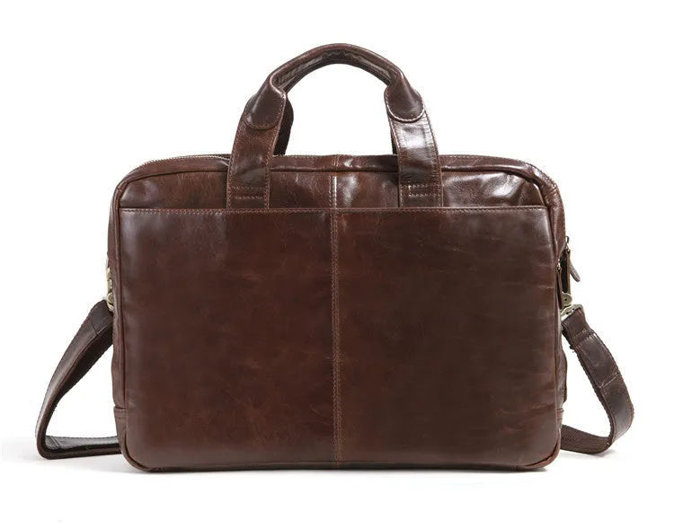 Brown cowhide leather business briefcase with 18-inch size for laptop and document organisation