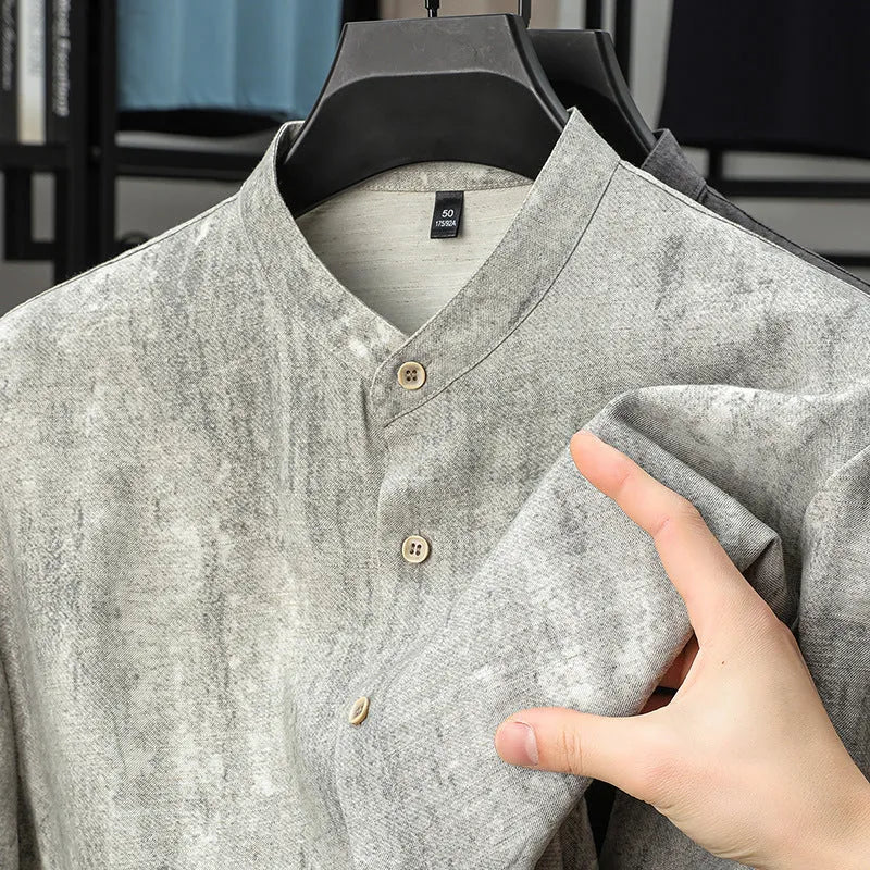 Men's solid colour stand collar linen blend shirt in loose cardigan style