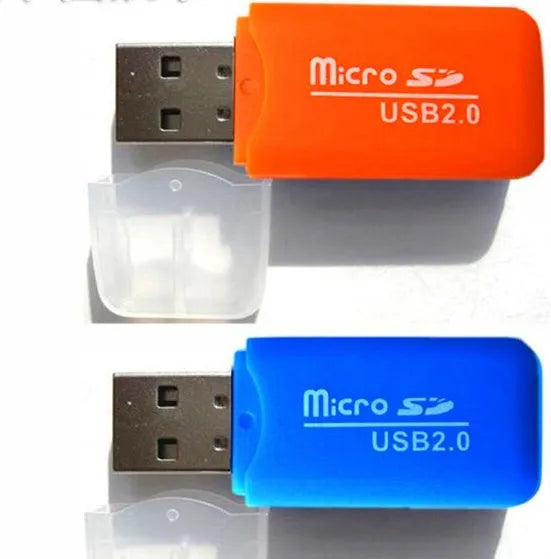 Small silver mini USB card reader with a MicroSD TF card slot for connecting to a computer.