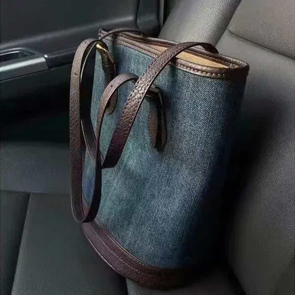 Denim patchwork one-shoulder bucket handbag with polyester construction