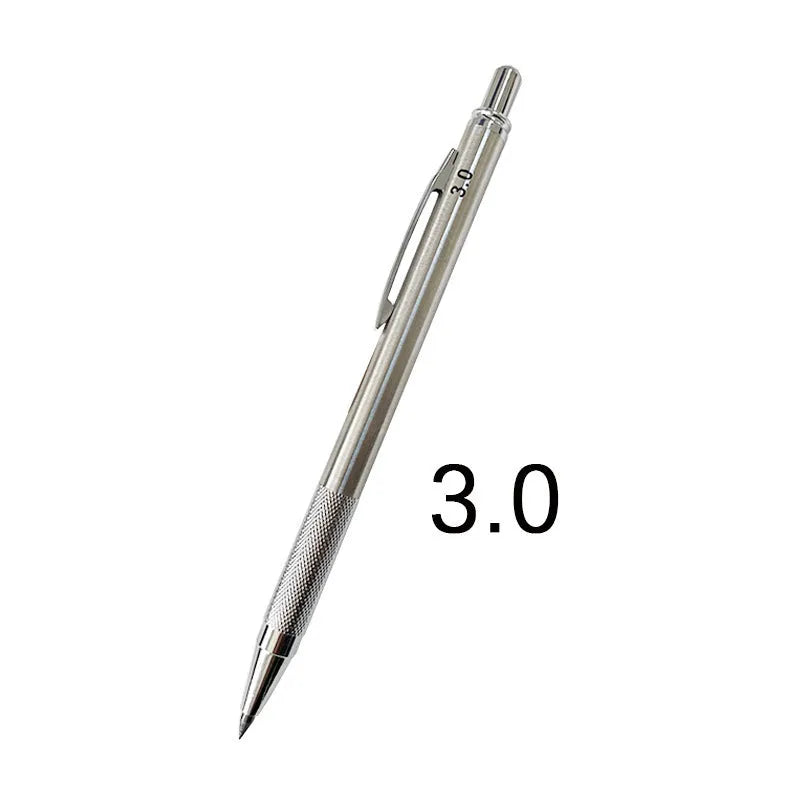 Metal automatic mechanical pencil showing five available lead diameter options from 0.5mm to 2.0mm