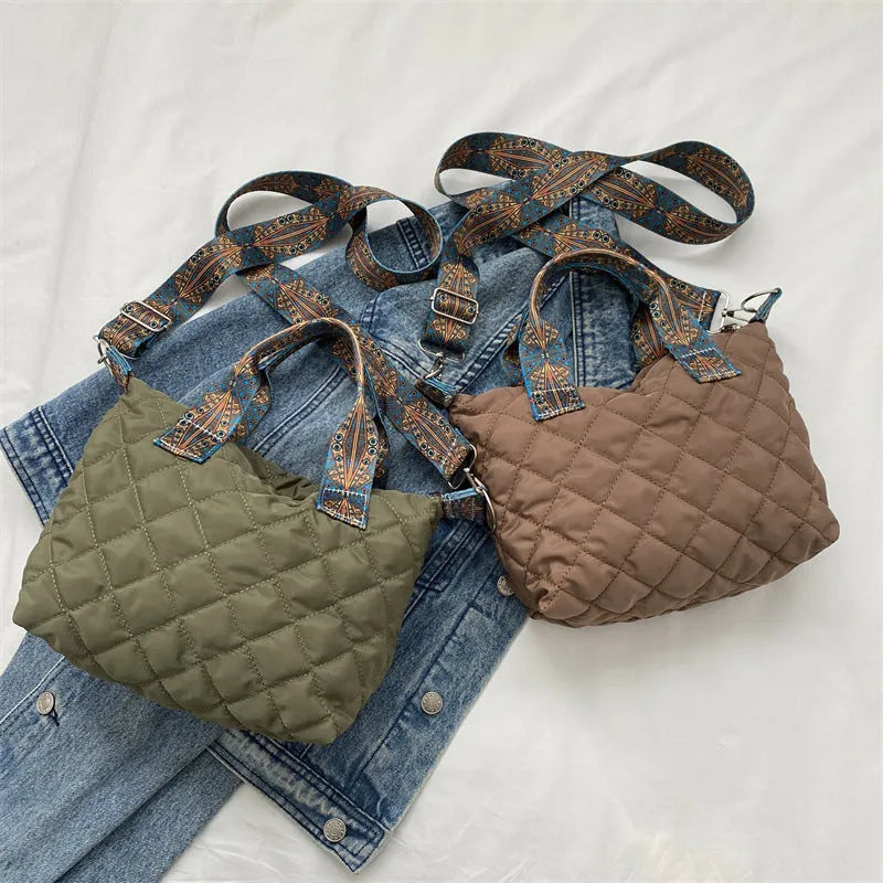 Soft Oxford cloth shoulder messenger bag with embroidery details in horizontal square shape