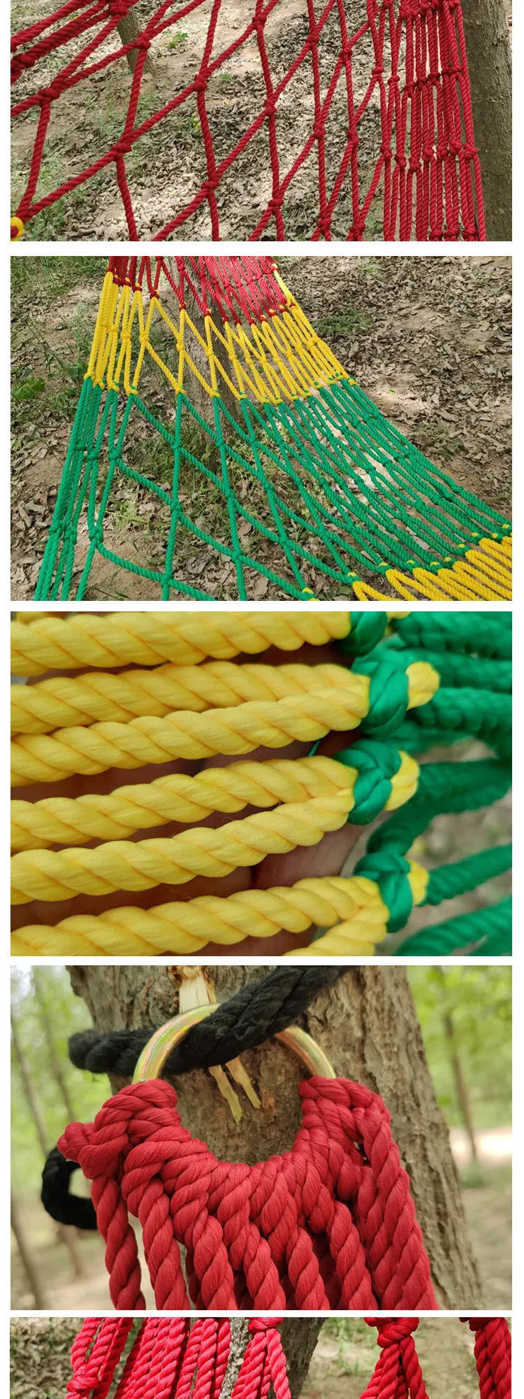 Outdoor nylon rope mesh hammock hung between two trees showing its woven construction and included tying ropes.
