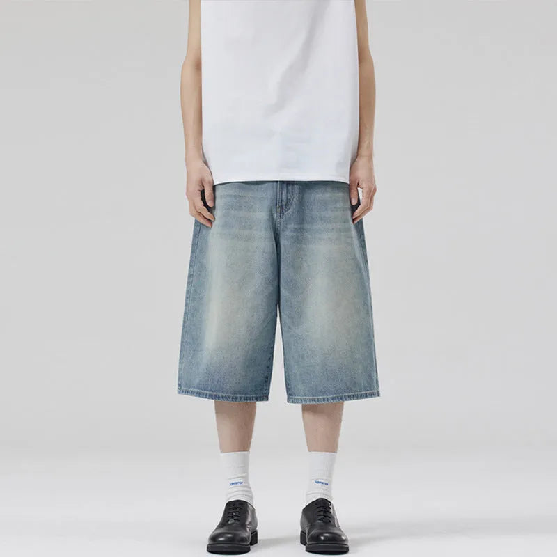 Men's straight-leg denim shorts in light blue colour with cropped length and casual styling