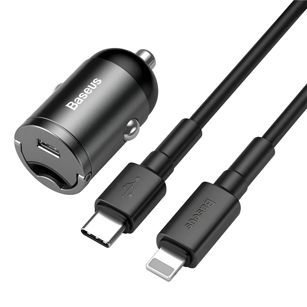 Baseus electro-optical grey mini car charger with 1 metre cable for 30W PPS fast charging