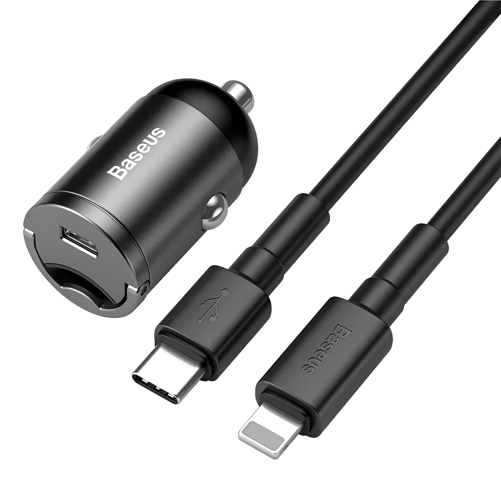 Baseus electro-optical grey mini car charger with 1 metre cable for 30W PPS fast charging