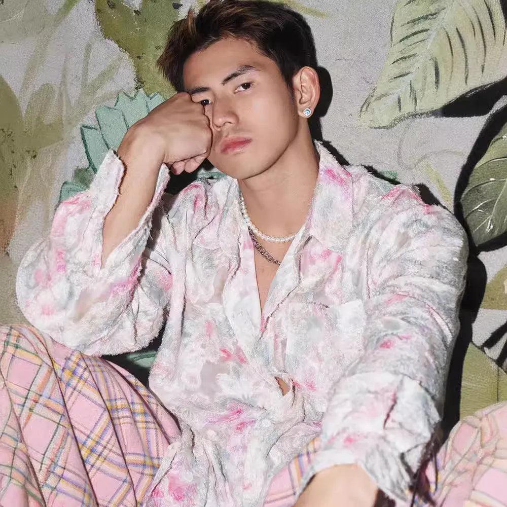 Men's floral long sleeve shirt with three-dimensional embossed patterns in blue colour showing loose fit design