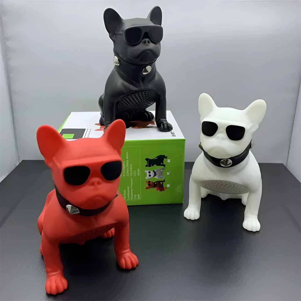 Mini Bluetooth speaker shaped like a bulldog, shown in black, red, and white colour options.