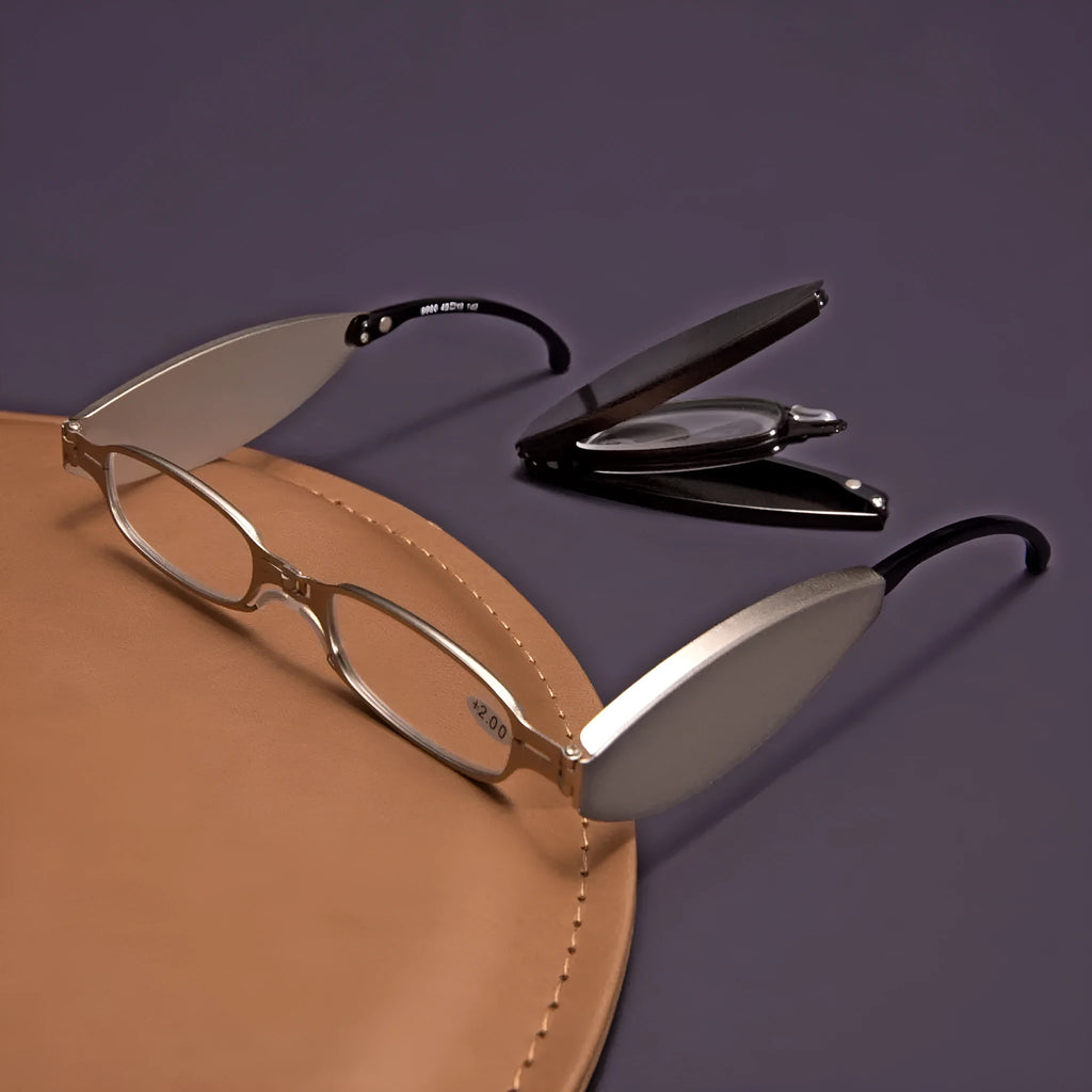Folding retro presbyopic glasses with anti-fall frame in black or silver colours