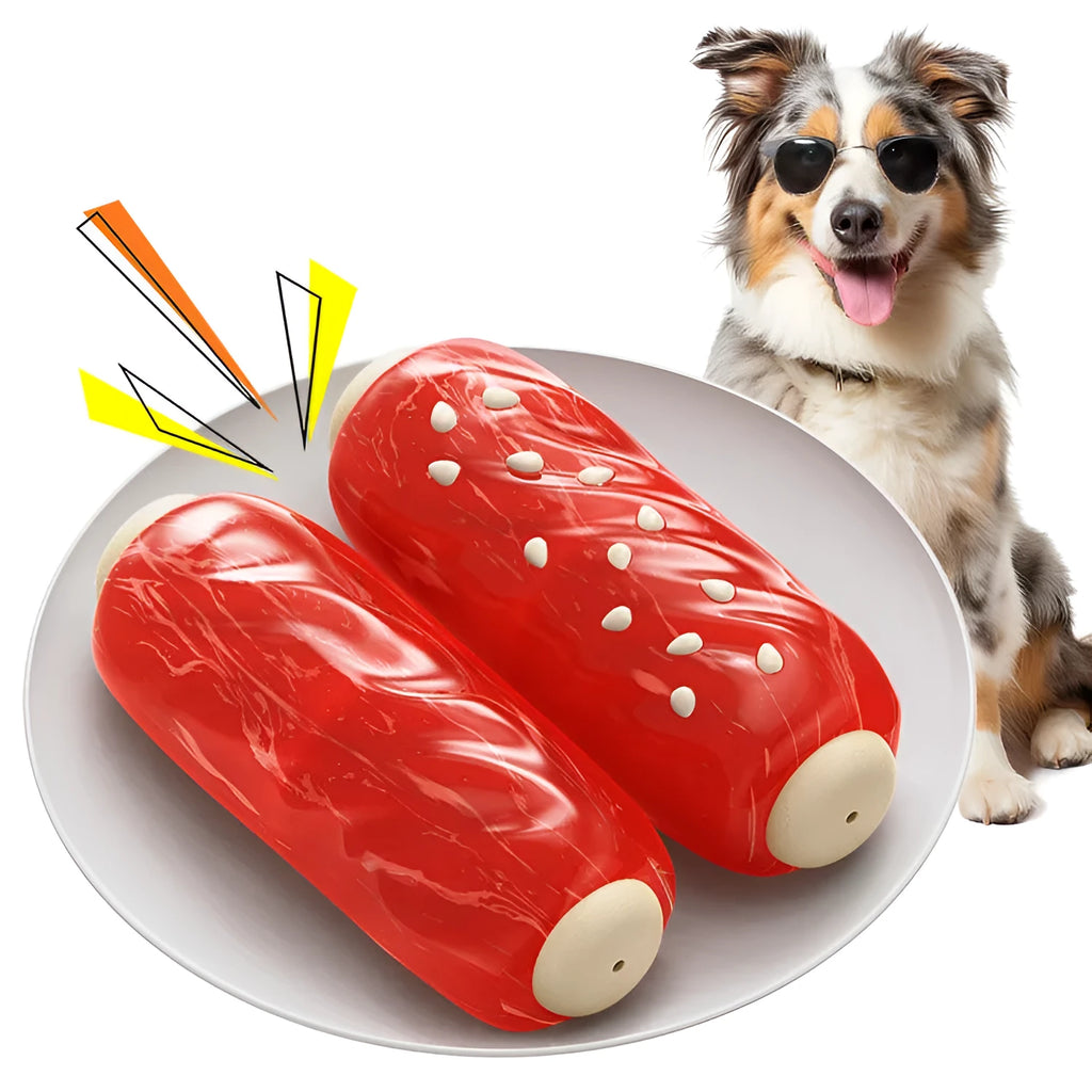 Primary colour plastic dog chew toy with molar rod snack holder and replaceable glue toothbrush attachment