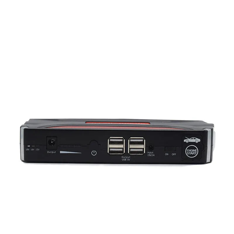 Black and red vehicle emergency jump starter power supply with 7800mAh battery capacity