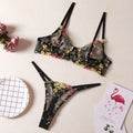Floral mesh bra with steel ring T-back underwear set in multiple colours