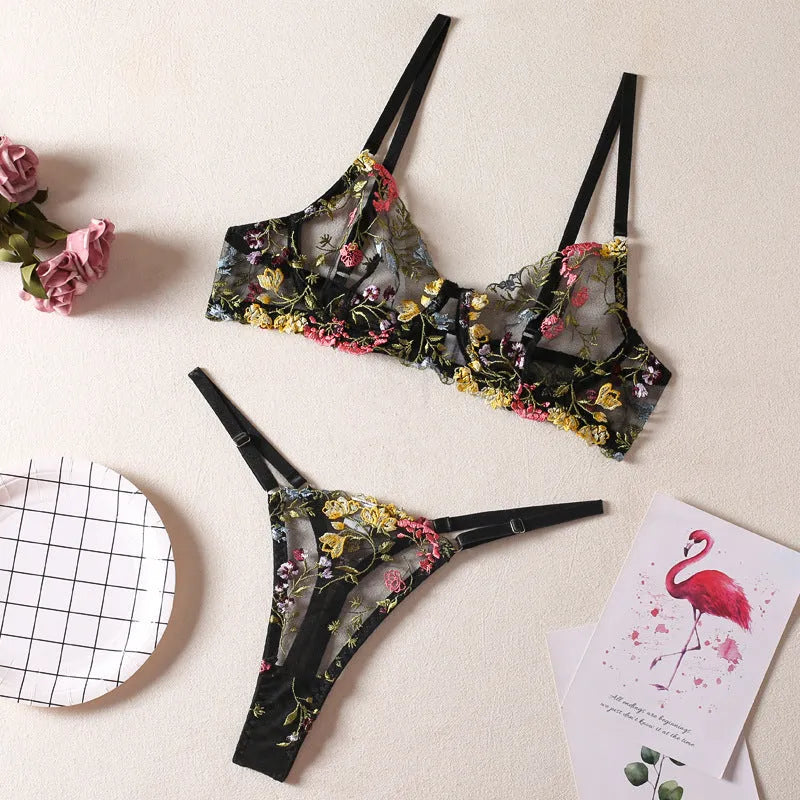Floral mesh bra with steel ring T-back underwear set in multiple colours