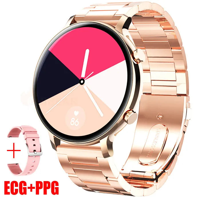 Black Bluetooth smartwatch with genuine leather strap on a wrist, showing call and health tracking screen.