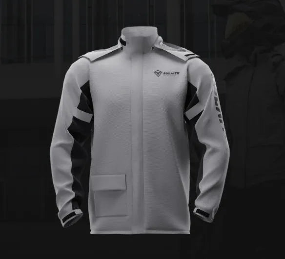 Motorcycle rain suit with jacket, trousers, hidden shoe covers and storage bag in black colour