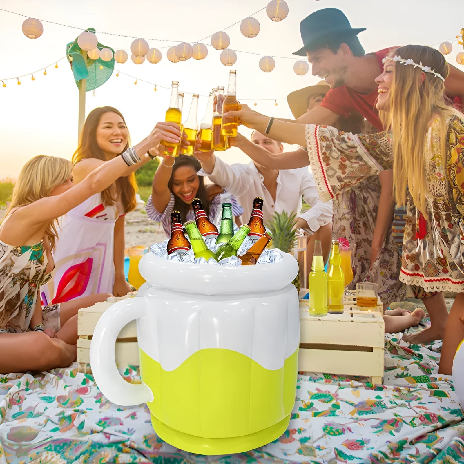 Yellow inflatable PVC ice bucket for outdoor parties and camping.