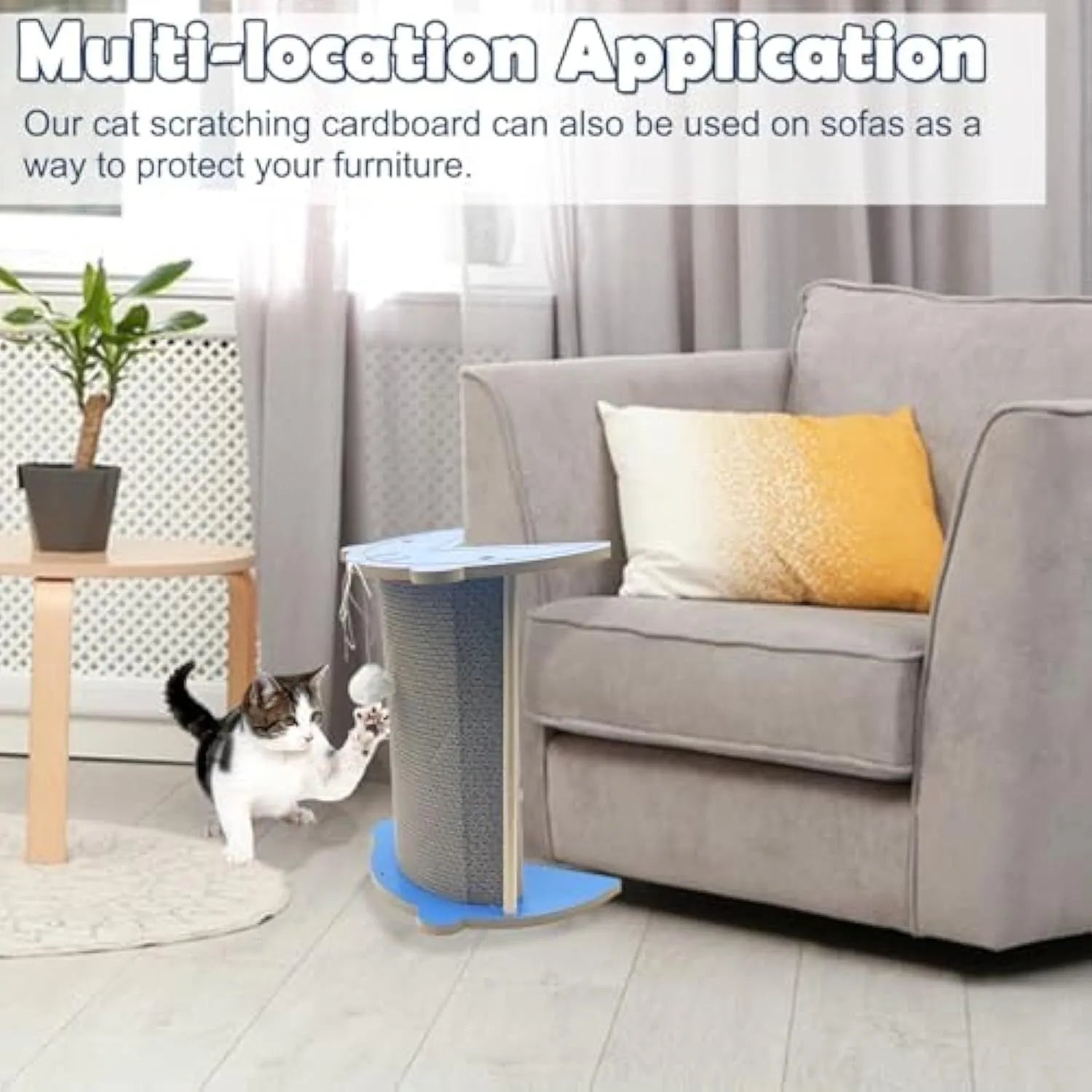 Cat corner scratching pad with hanging ball installed in room corner