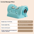 Blue-green cervical spine massage pillow showing compact 17cm design with hot compress and vibration functions
