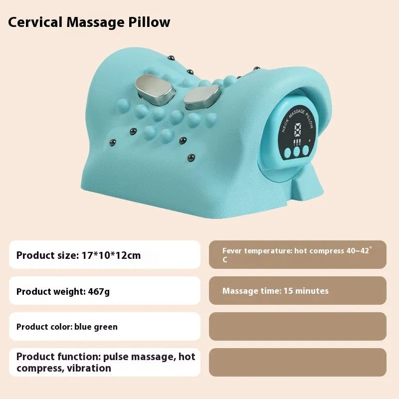Blue-green cervical spine massage pillow showing compact 17cm design with hot compress and vibration functions