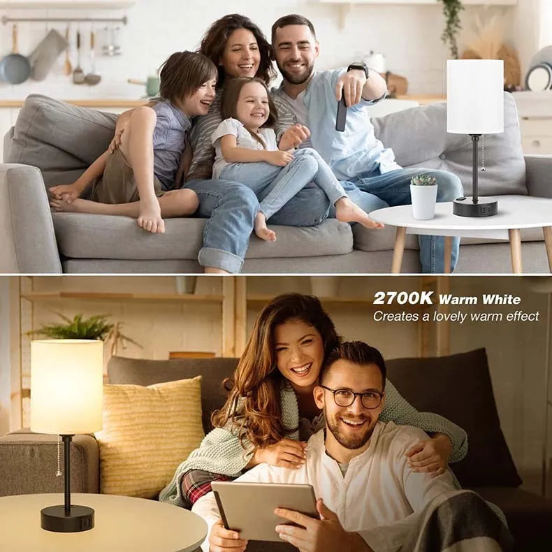 Taye C USB charging fabric table lamp with zipper switch, white cotton linen shade on study desk