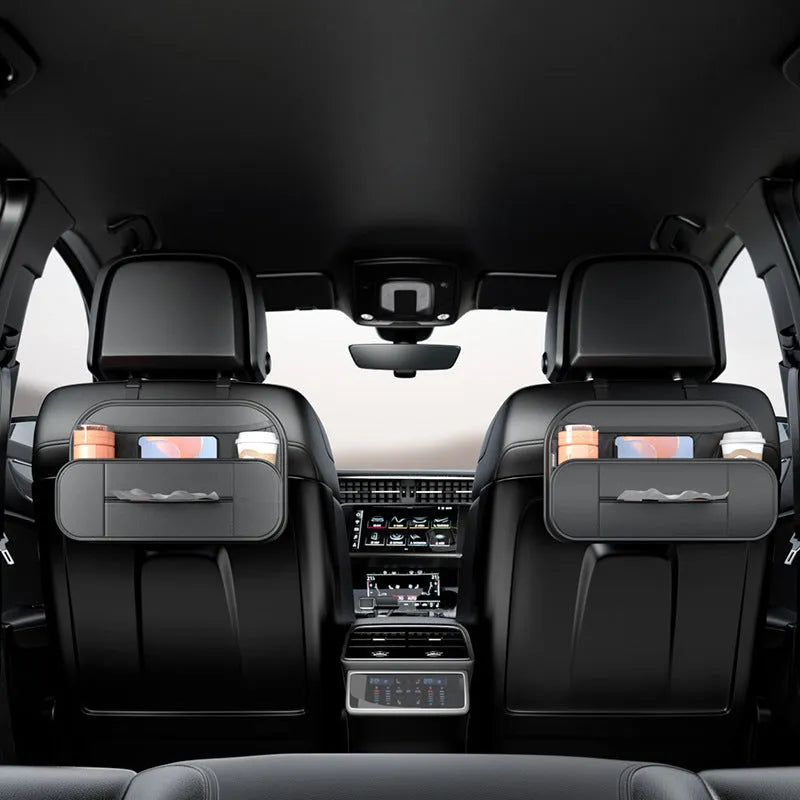 Black leather car seat back storage organiser with adjustable compartments