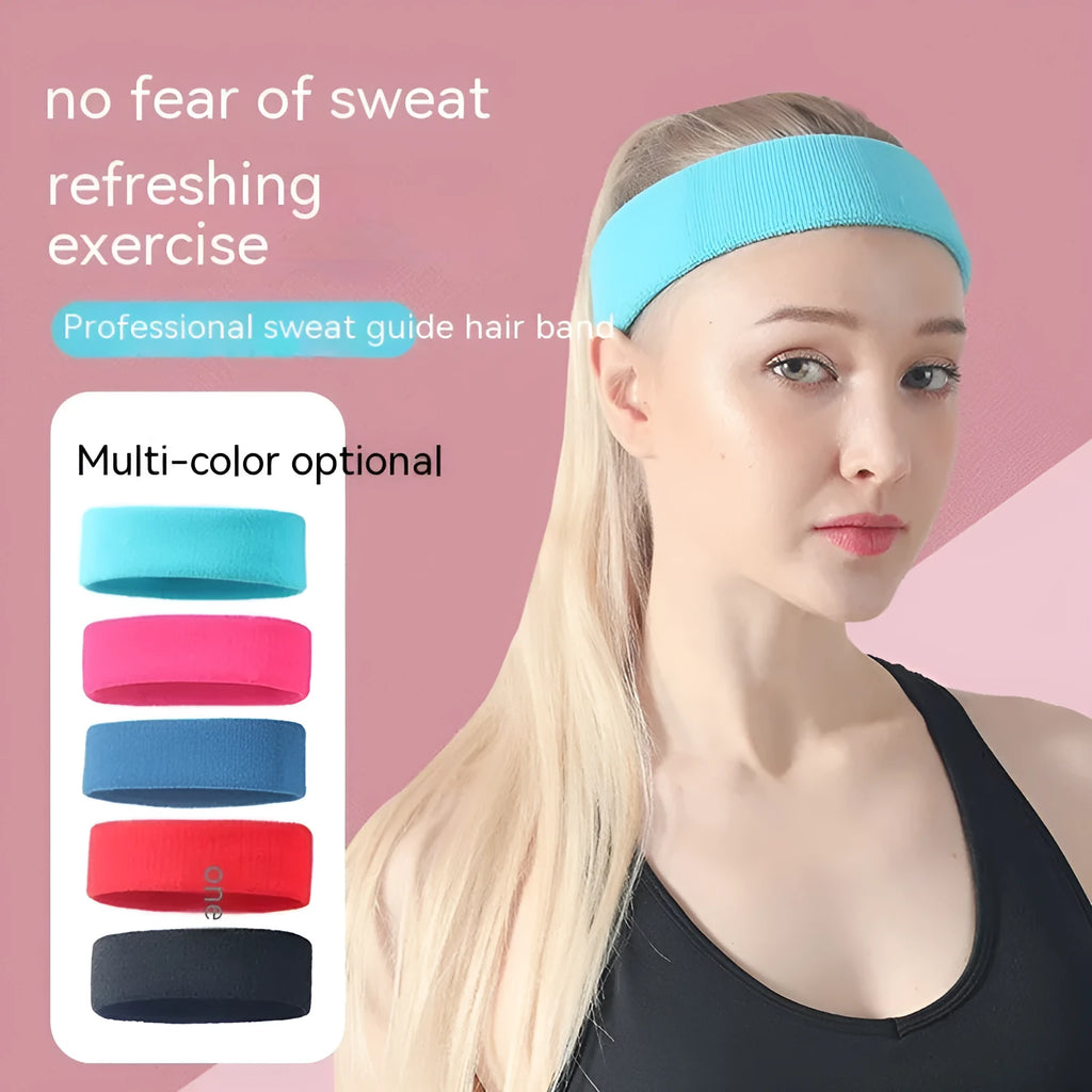 Elastic solid colour sports sweat headband in polyester spandex blend, shown in one of five colour options.