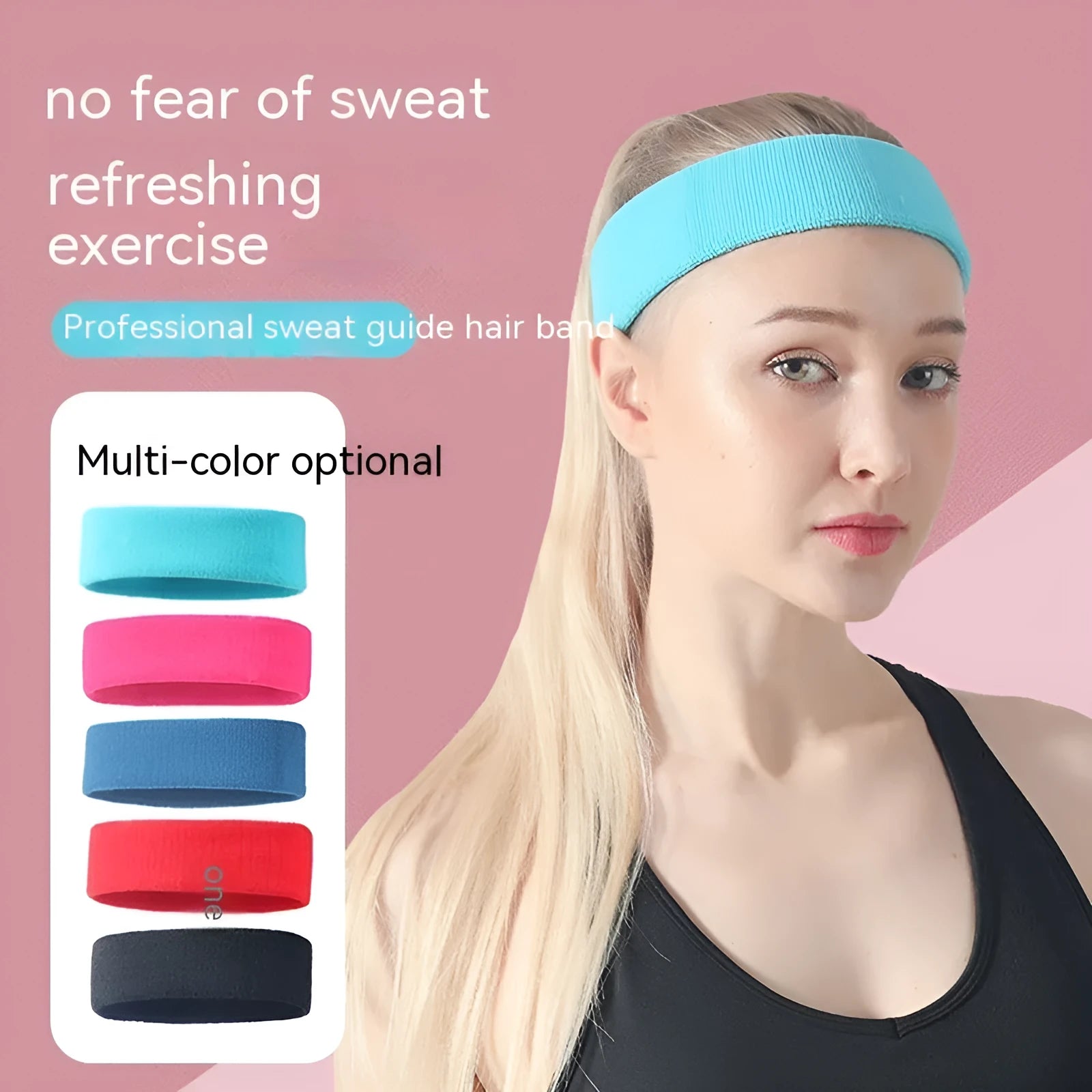 Elastic solid colour sports sweat headband in polyester spandex blend, shown in one of five colour options.