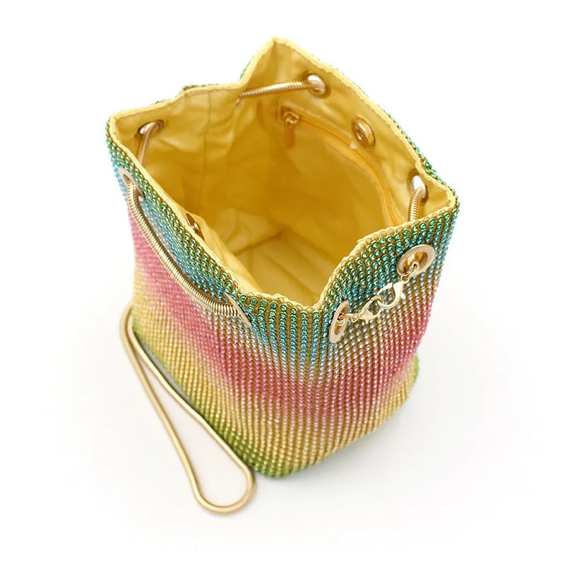 Colourful rhinestone bucket bag with rainbow diamond bead design