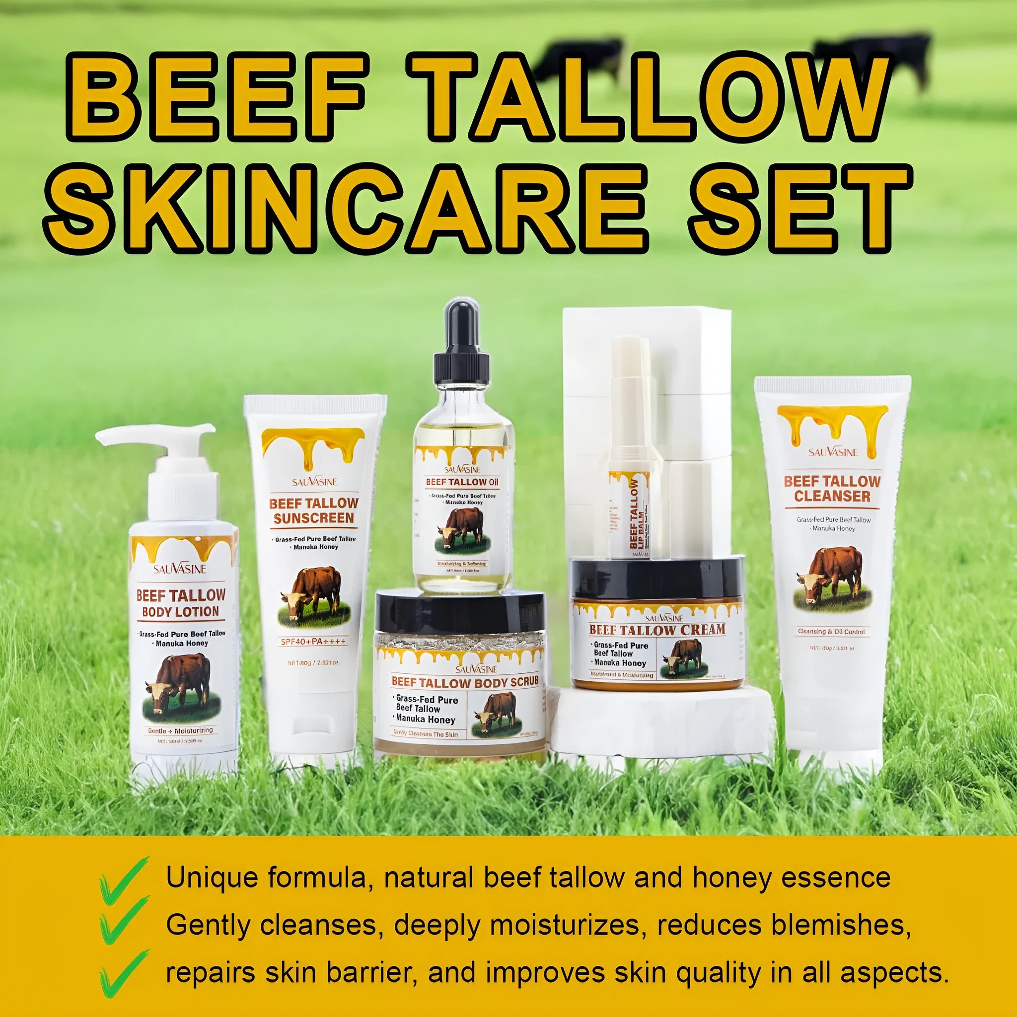 Seven-piece facial care set showing cleanser, cream, lotion, scrub, lip balm, protective cream and beef tallow balm