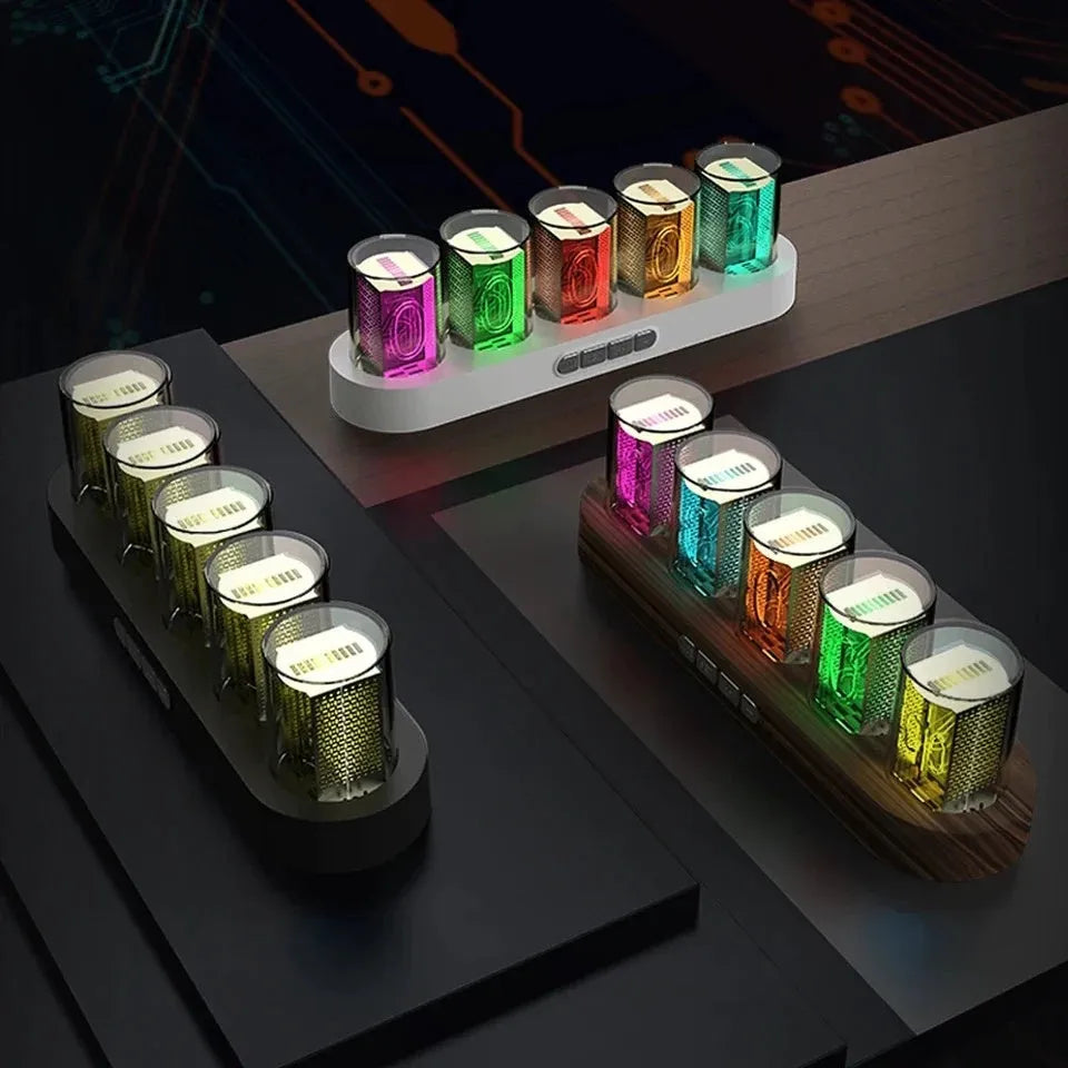 RGB LED digital tube clock showing colourful display with black plastic casing on wooden desk