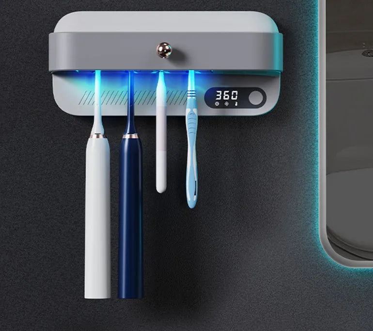 White wall-mounted smart UV toothbrush steriliser holder with USB charging port