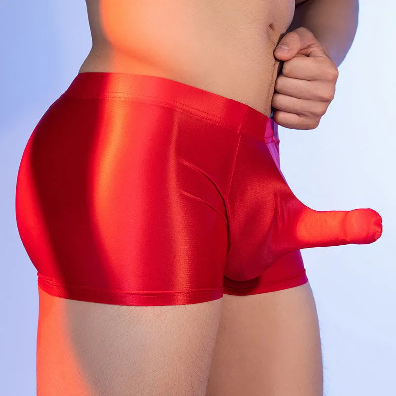 Men's red elephant nose design boxer shorts made from thin breathable nylon fabric.