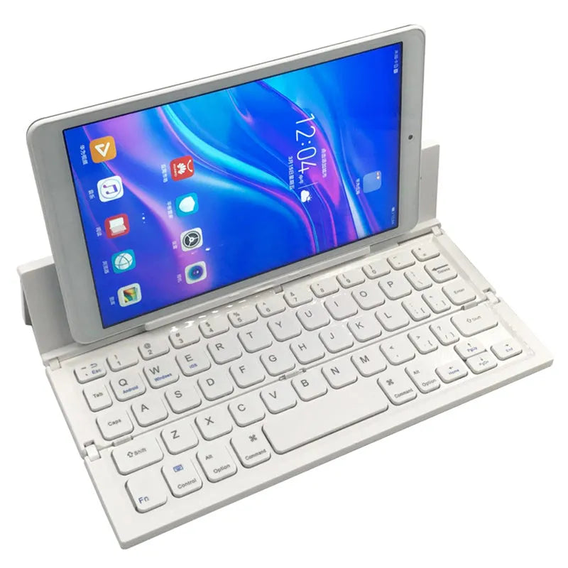 Black mini folding wireless Bluetooth keyboard for tablets with wrist support and aluminium bottom