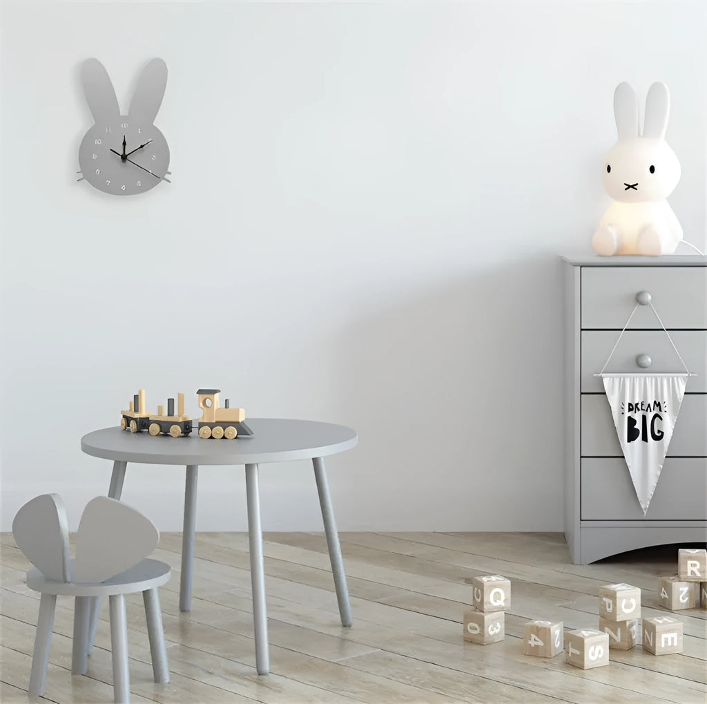 Wooden cartoon wall clock with colourful rabbit design for children's bedroom
