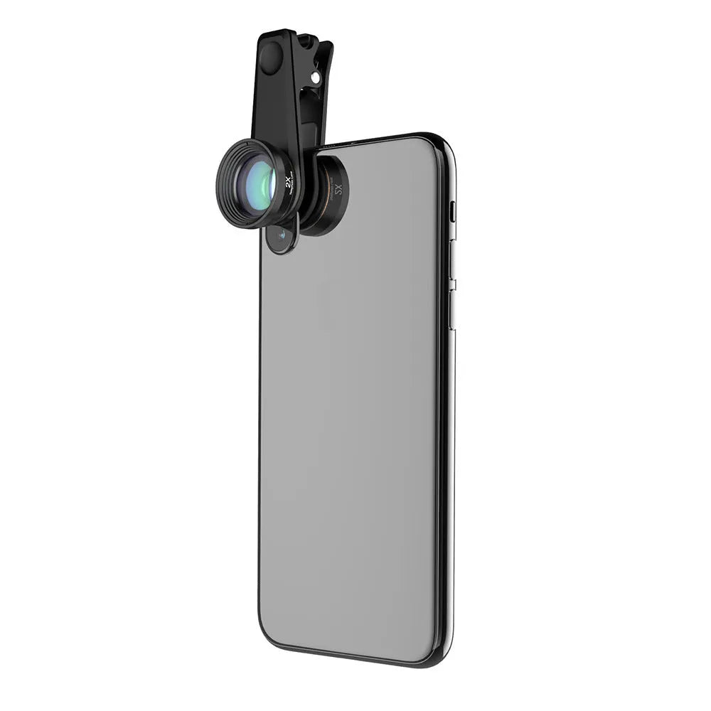 Black 6-in-1 smartphone lens kit with fisheye, macro, telephoto, wide-angle, CPL and star filter lenses and a universal clip.