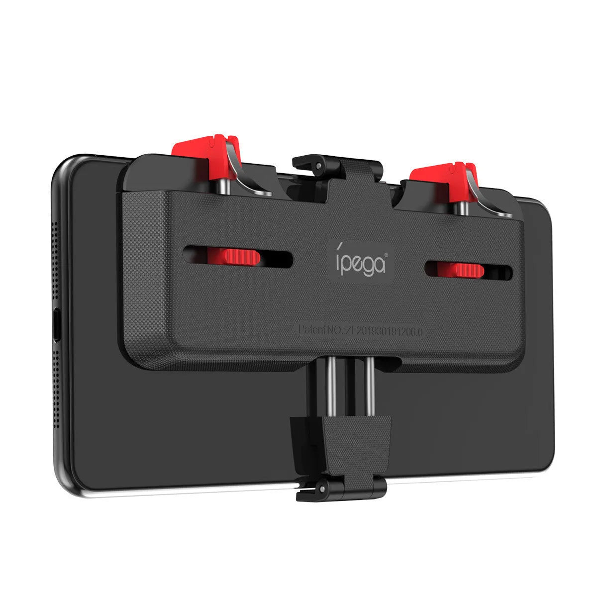 Black mobile phone gaming controller with adjustable trigger and telescopic clip for 67-87mm wide devices
