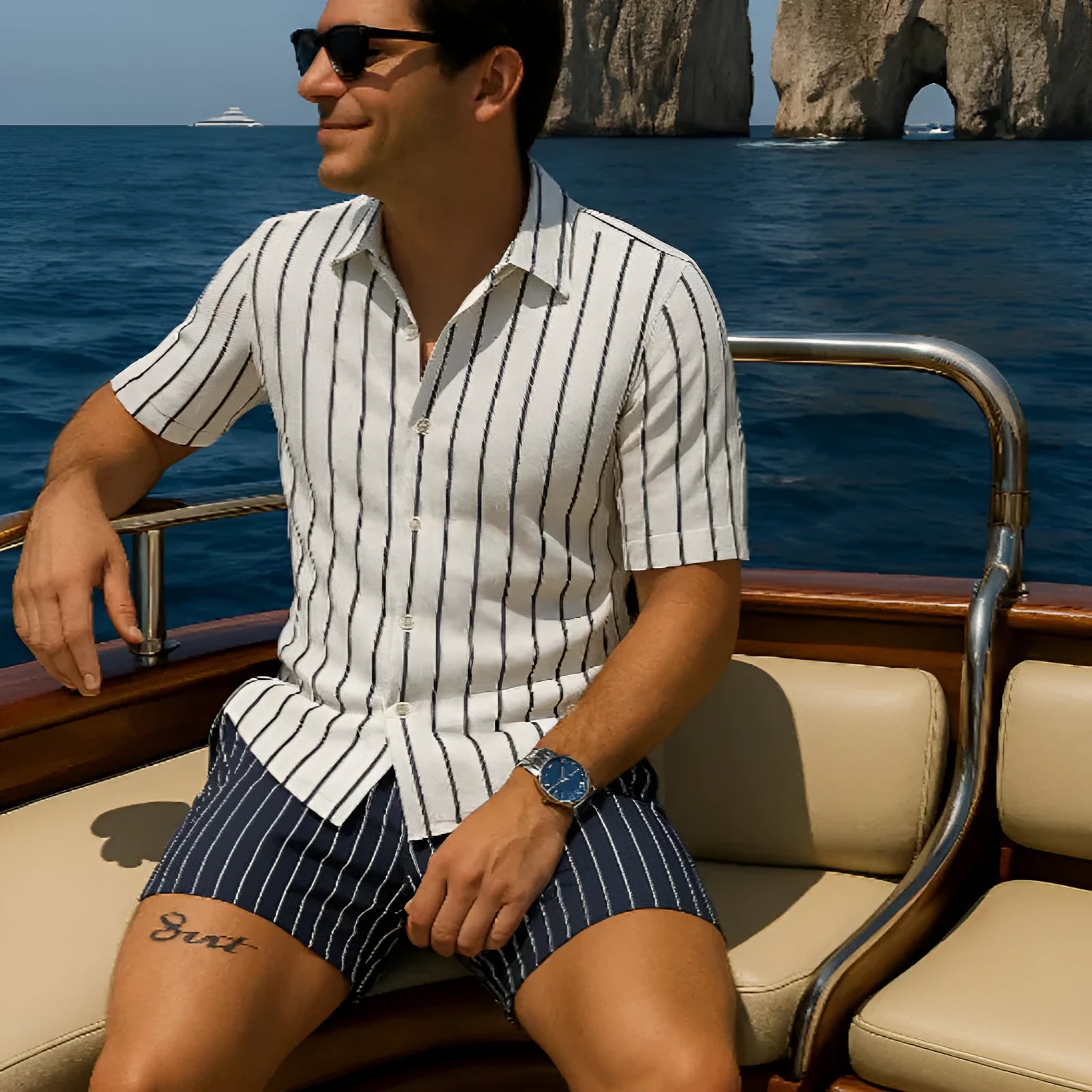 Men's beach shirt and shorts set in four-sided elastic fabric with casual styling