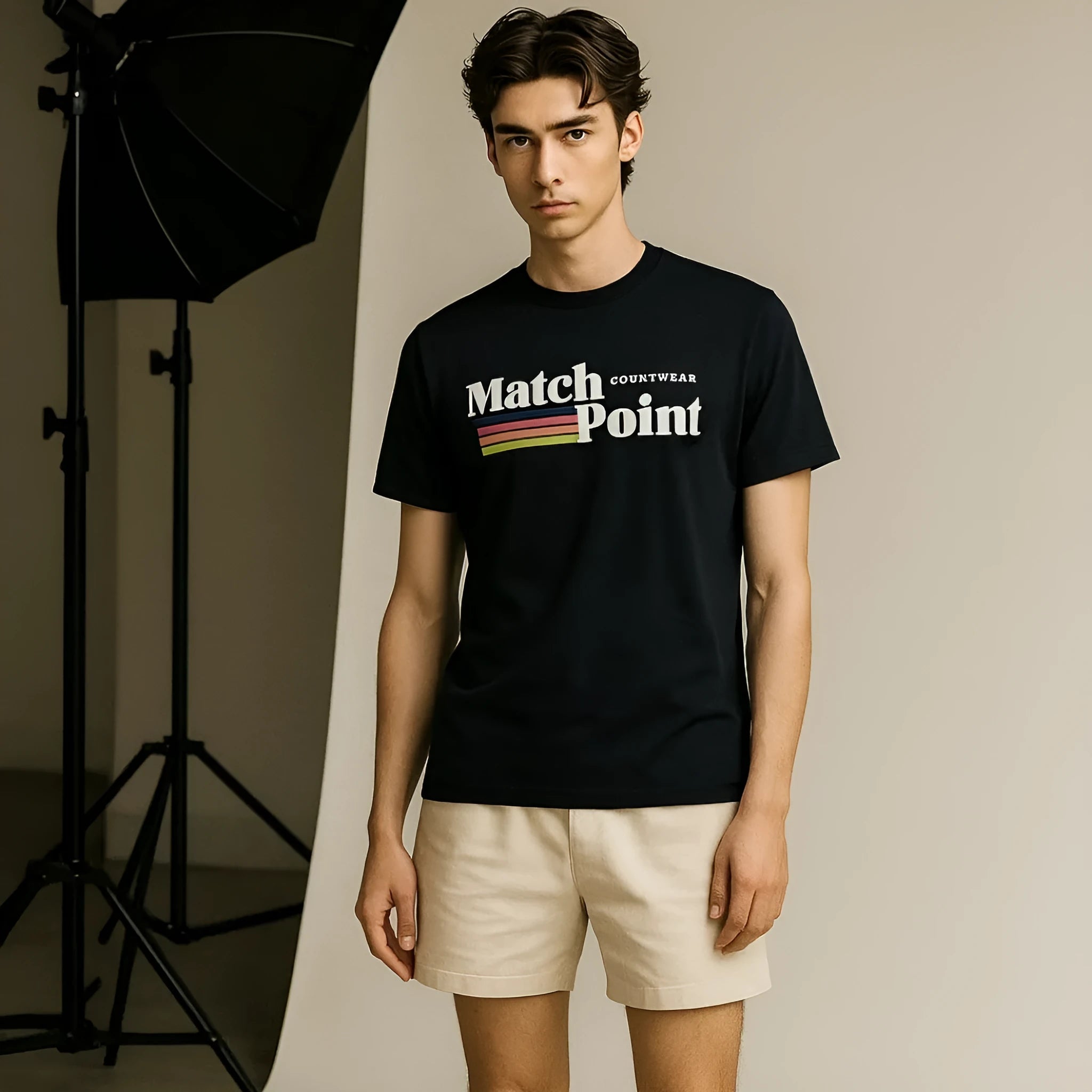 Men's black T-shirt with a 3D digital printed pattern, short sleeves, and a round neck.