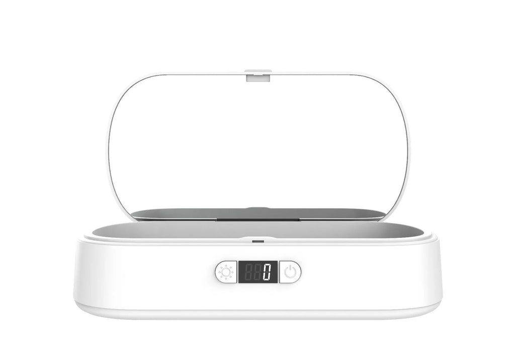 White ABS wireless UV steriliser and charging box with display showing dimensions and phone inside.